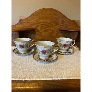 3 Manna Rose/Gold Lusterware Pedestal Cups with Reticulated Saucers